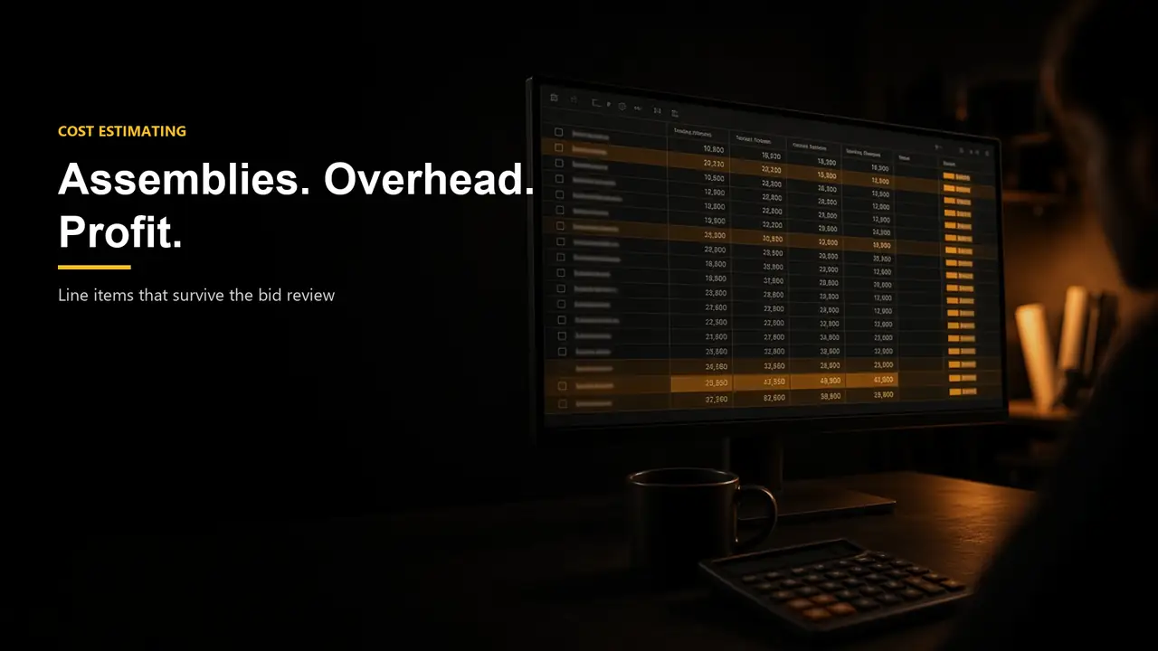 Construction cost estimate on a dark workspace
