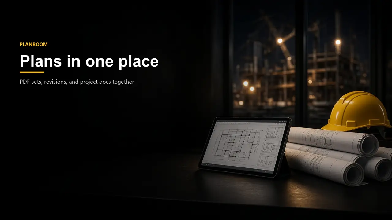 Planroom with blueprints and digital plan sheets