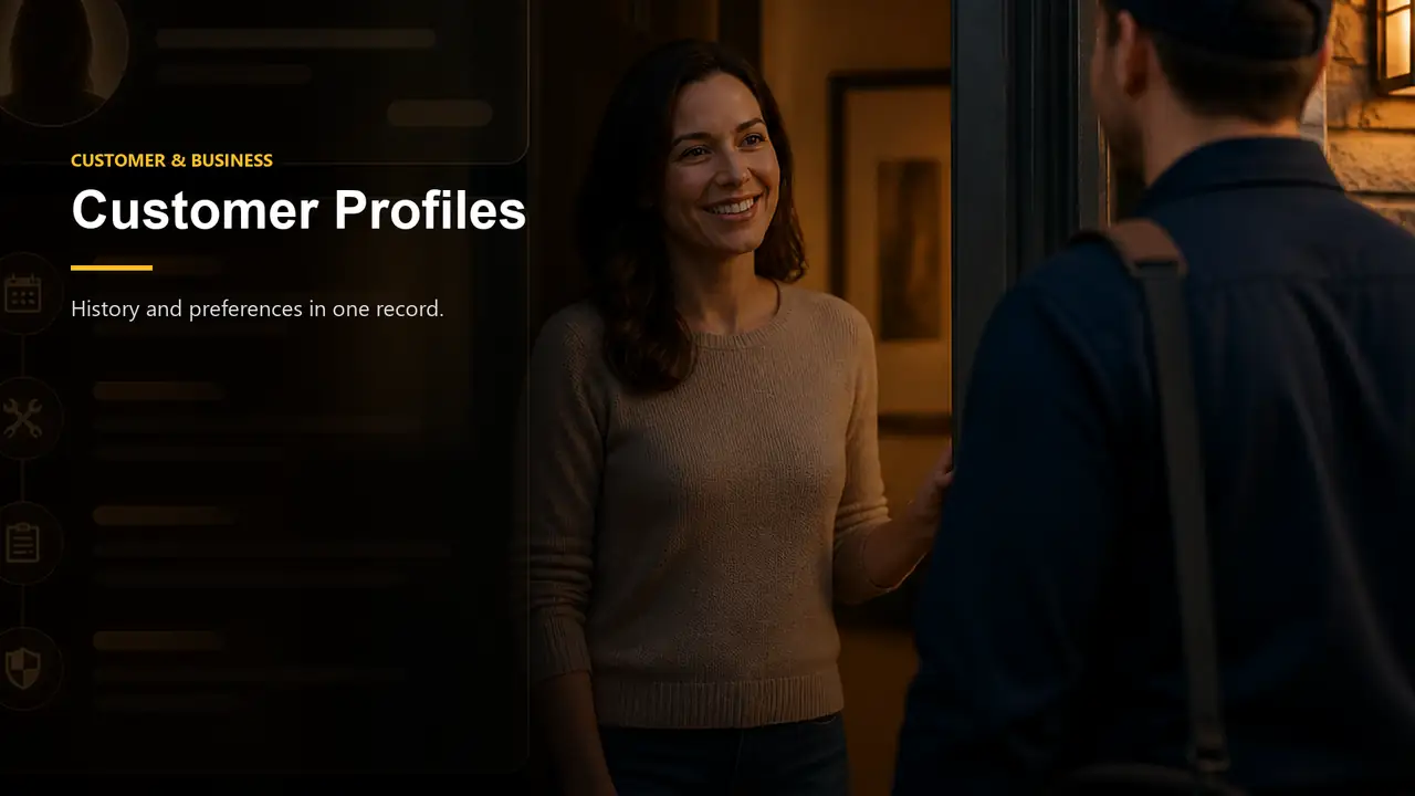 Service professional greeting a customer at the door with Dispatch Pro customer profiles